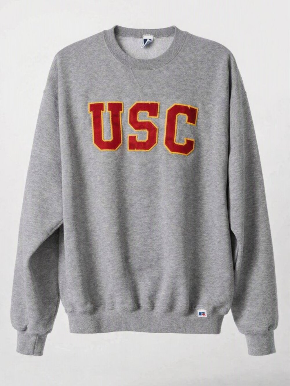 USC Russell Athletic Grey Crewneck with Red and Gold USC Appliqué